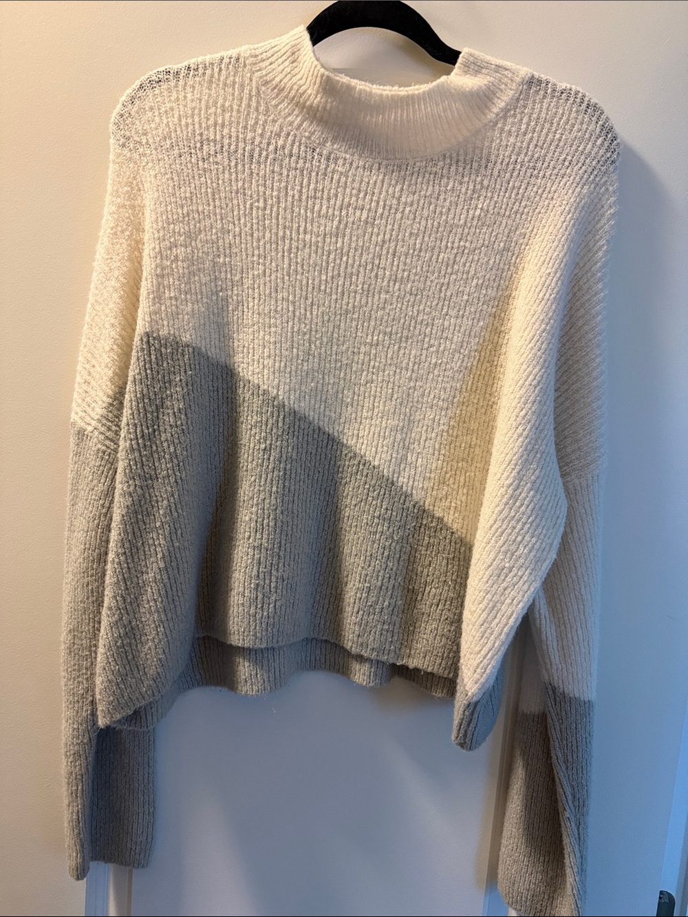 Planet Gold Cream and Light Gray Diagonal Colorblock Turtleneck Sweater